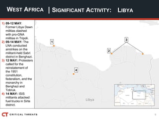 9
| SIGNIFICANT ACTIVITY:WEST AFRICA LIBYA
2
3
1
1) 09-12 MAY:
Former Libya Dawn
militias clashed
with pro-GNA
militias in Tripoli.
2) 09-14 MAY: The
LNA conducted
airstrikes on the
militant-held Sabri
district in Benghazi.
3) 12 MAY: Protesters
called for the
reinstatement of
the 1951
constitution,
federalism, and the
monarchy in
Benghazi and
Tobruk.
4) 14 MAY: ISIS
militants attacked
fuel trucks in Sirte
district.
4
 