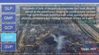 ARETE-ZOE, LLC: 1334 E Chandler Blvd 5A-19, 85048 Phoenix, AZ, USA | T:+1-480-409-0778 (24/7) | website: http://www.aretezoe.com/
GLP
GMP
GCP
GDP
GVP
“Hundreds of tons of dangerous chemicals had been illegally
stored at the warehouse, helping to create a toxic cocktail
that burnt through buildings with ease, leaving deformed
shipping containers and melting hundreds of cars as it went.”
(SCMP, 2016)
Tianjin, 2015
 