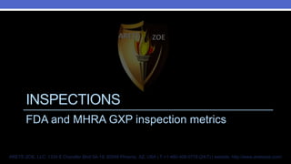 INSPECTIONS
FDA and MHRA GXP inspection metrics
ARETE-ZOE, LLC: 1334 E Chandler Blvd 5A-19, 85048 Phoenix, AZ, USA | T:+1-480-409-0778 (24/7) | website: http://www.aretezoe.com/
 