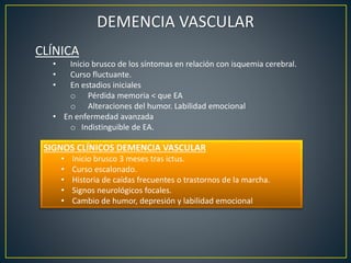DEMENCIA VASCULAR
CLÍNICA
• Inicio brusco de los síntomas en relación con isquemia cerebral.
• Curso fluctuante.
• En estadios iniciales
o Pérdida memoria < que EA
o Alteraciones del humor. Labilidad emocional
• En enfermedad avanzada
o Indistinguible de EA.
SIGNOS CLÍNICOS DEMENCIA VASCULAR
• Inicio brusco 3 meses tras ictus.
• Curso escalonado.
• Historia de caídas frecuentes o trastornos de la marcha.
• Signos neurológicos focales.
• Cambio de humor, depresión y labilidad emocional
 