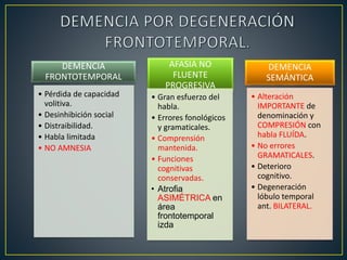 DEMENCIA
FRONTOTEMPORAL
• Pérdida de capacidad
volitiva.
• Desinhibición social
• Distraibilidad.
• Habla limitada
• NO AMNESIA
AFASIA NO
FLUENTE
PROGRESIVA
• Gran esfuerzo del
habla.
• Errores fonológicos
y gramaticales.
• Comprensión
mantenida.
• Funciones
cognitivas
conservadas.
• Atrofia
ASIMÉTRICA en
área
frontotemporal
izda
DEMENCIA
SEMÁNTICA
• Alteración
IMPORTANTE de
denominación y
COMPRESIÓN con
habla FLUÍDA.
• No errores
GRAMATICALES.
• Deterioro
cognitivo.
• Degeneración
lóbulo temporal
ant. BILATERAL.
 