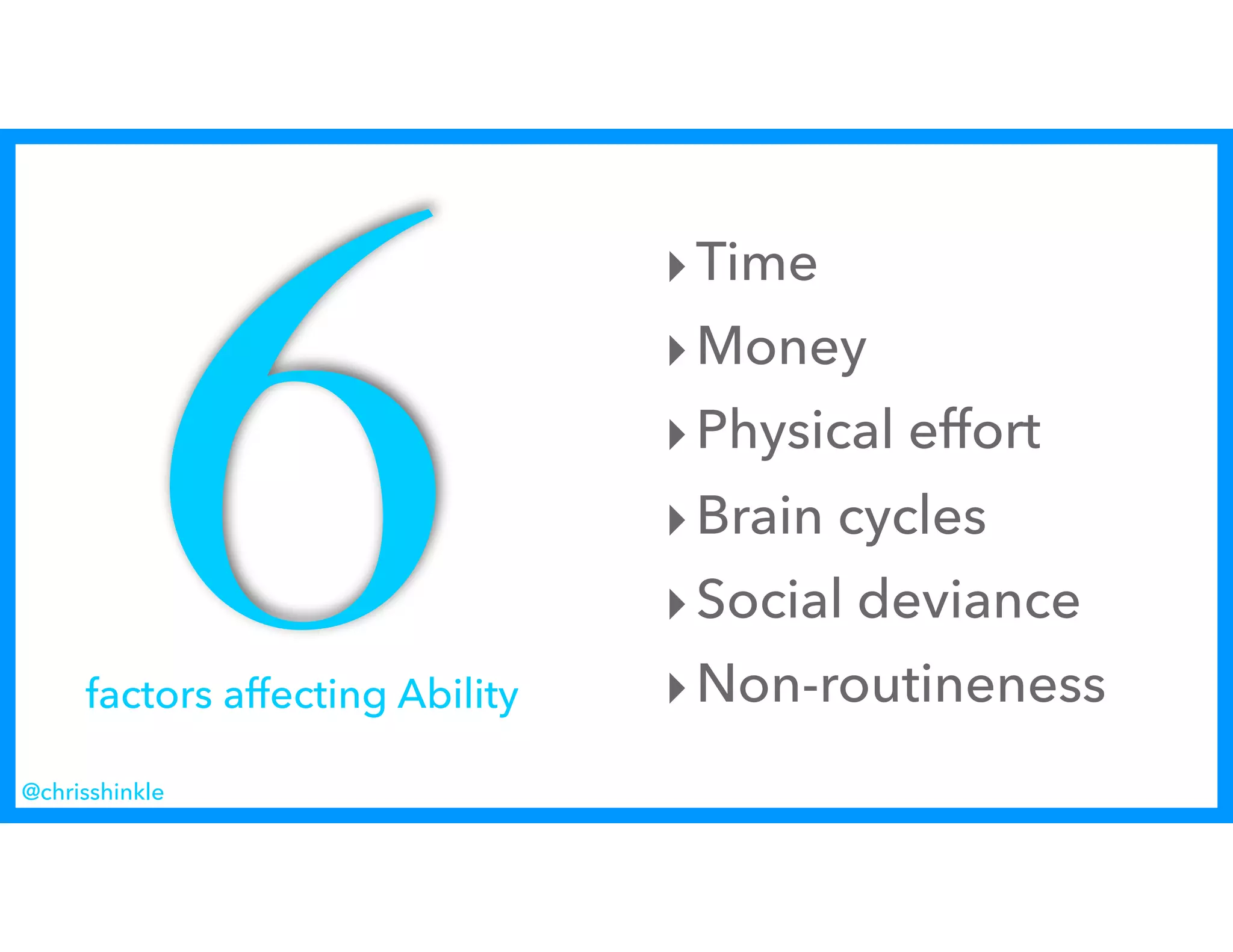 ‣Time
‣Money
‣Physical effort
‣Brain cycles
‣Social deviance
‣Non-routineness
6factors affecting Ability
@chrisshinkle
 