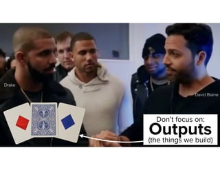 Don’t focus on:
Outputs(the things we build)
David Blaine
Drake
 