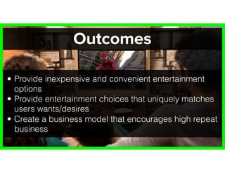 Outcomes
• Provide inexpensive and convenient entertainment
options
• Provide entertainment choices that uniquely matches
users wants/desires
• Create a business model that encourages high repeat
business
 
