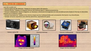 2.3.- TIPOS DE CÁMARAS
Las más usuales son:
* Cámara óptica de alta definición. Trabaja en el campo óptico del espectro
* Cámara térmica. Trabaja en el espectro térmico del infrarrojo lejano y detecta temperaturas..
* Cámara multiespectral. Genera imágenes con decenas o centenares de longitudes de onda simultáneamente desde el infrarrojo al ultravioleta
pasando por el espectro visible.
* Cámara hiperespectral. Trabaja en los mismos rangos que las multiespectrales pero procesando información muy diversificada.
* También sensores específicos para distintos elementos, especialmente gases
Cámara óptica HD Cámaras térmicas Cámara multiespectral Cámara hiperespectral
Imagen térmica coloreada Imagen térmica coloreada
 