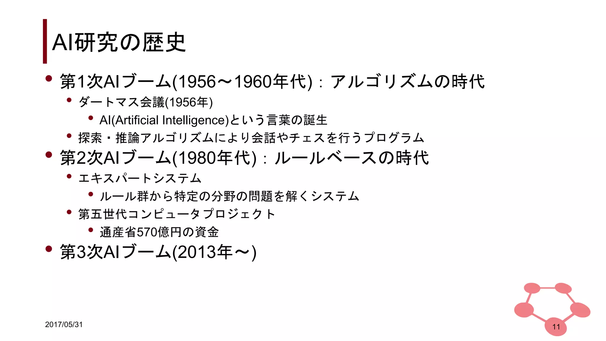 2017/05/31
AI研究の歴史
• 第1次AIブーム(1956〜1960年代)：アルゴリズムの時代
• ダートマス会議(1956年)
• AI(Artificial Intelligence)という言葉の誕生
• 探索・推論アルゴリズムにより会話やチェスを行うプログラム
• 第2次AIブーム(1980年代)：ルールベースの時代
• エキスパートシステム
• ルール群から特定の分野の問題を解くシステム
• 第五世代コンピュータプロジェクト
• 通産省570億円の資金
• 第3次AIブーム(2013年〜)
11
 