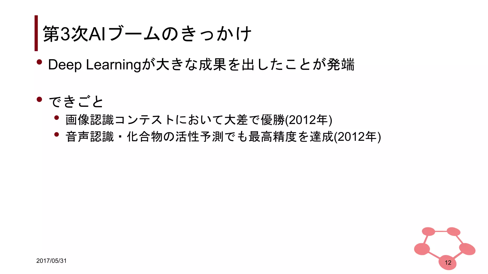 2017/05/31
第3次AIブームのきっかけ
• Deep Learningが大きな成果を出したことが発端
• できごと
• 画像認識コンテストにおいて大差で優勝(2012年)
• 音声認識・化合物の活性予測でも最高精度を達成(2012年)
12
 