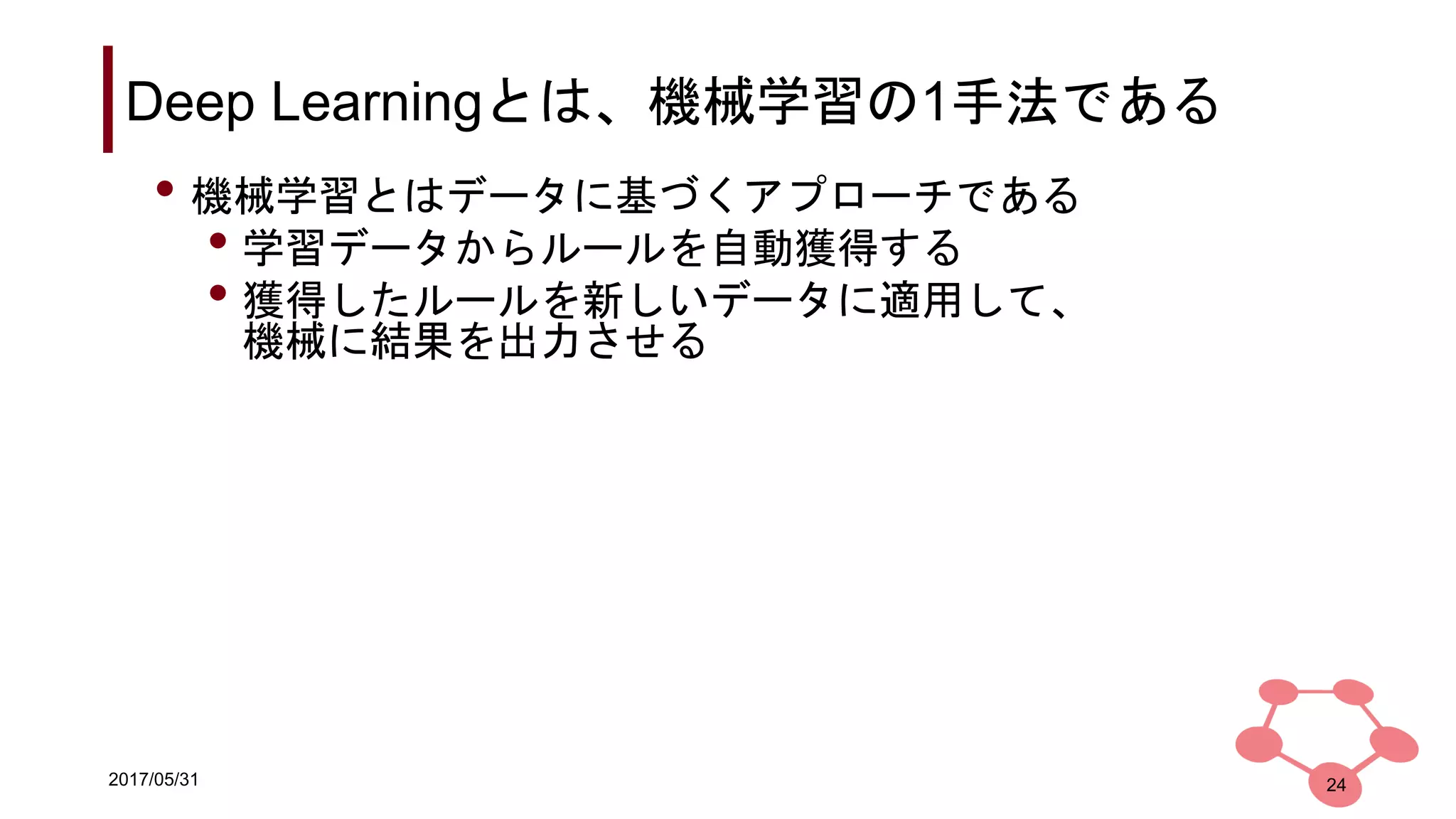 2017/05/31
Deep Learningとは、機械学習の1手法である
• 機械学習とはデータに基づくアプローチである
• 学習データからルールを自動獲得する
• 獲得したルールを新しいデータに適用して、
機械に結果を出力させる
24
 