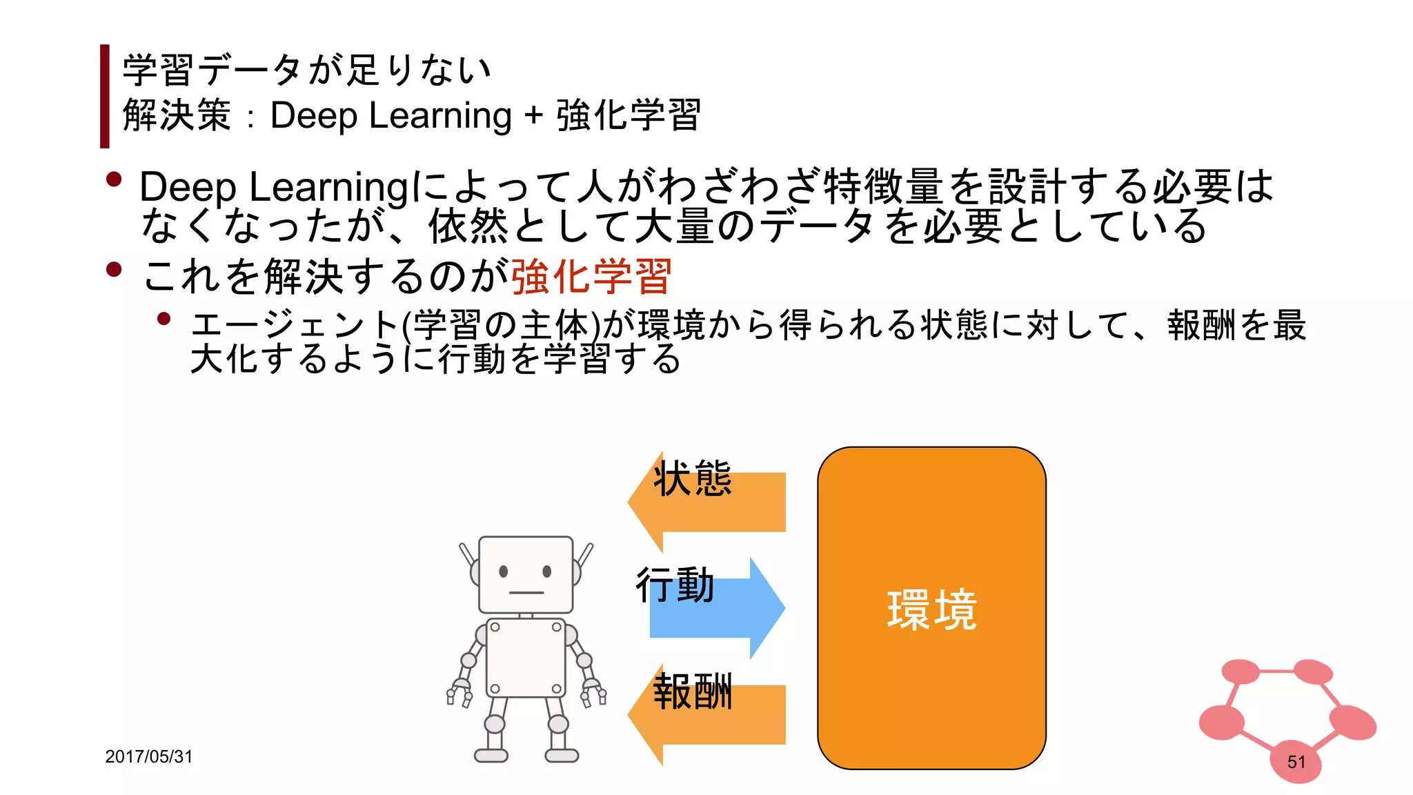 2017/05/31
学習データが足りない
解決策：Deep Learning + 強化学習
51
• Deep Learningによって人がわざわざ特徴量を設計する必要は
なくなったが、依然として大量のデータを必要としている
• これを解決するのが強化学習
• エージェント(学習の主体)が環境から得られる状態に対して、報酬を最
大化するように行動を学習する
環境
状態
行動
報酬
 