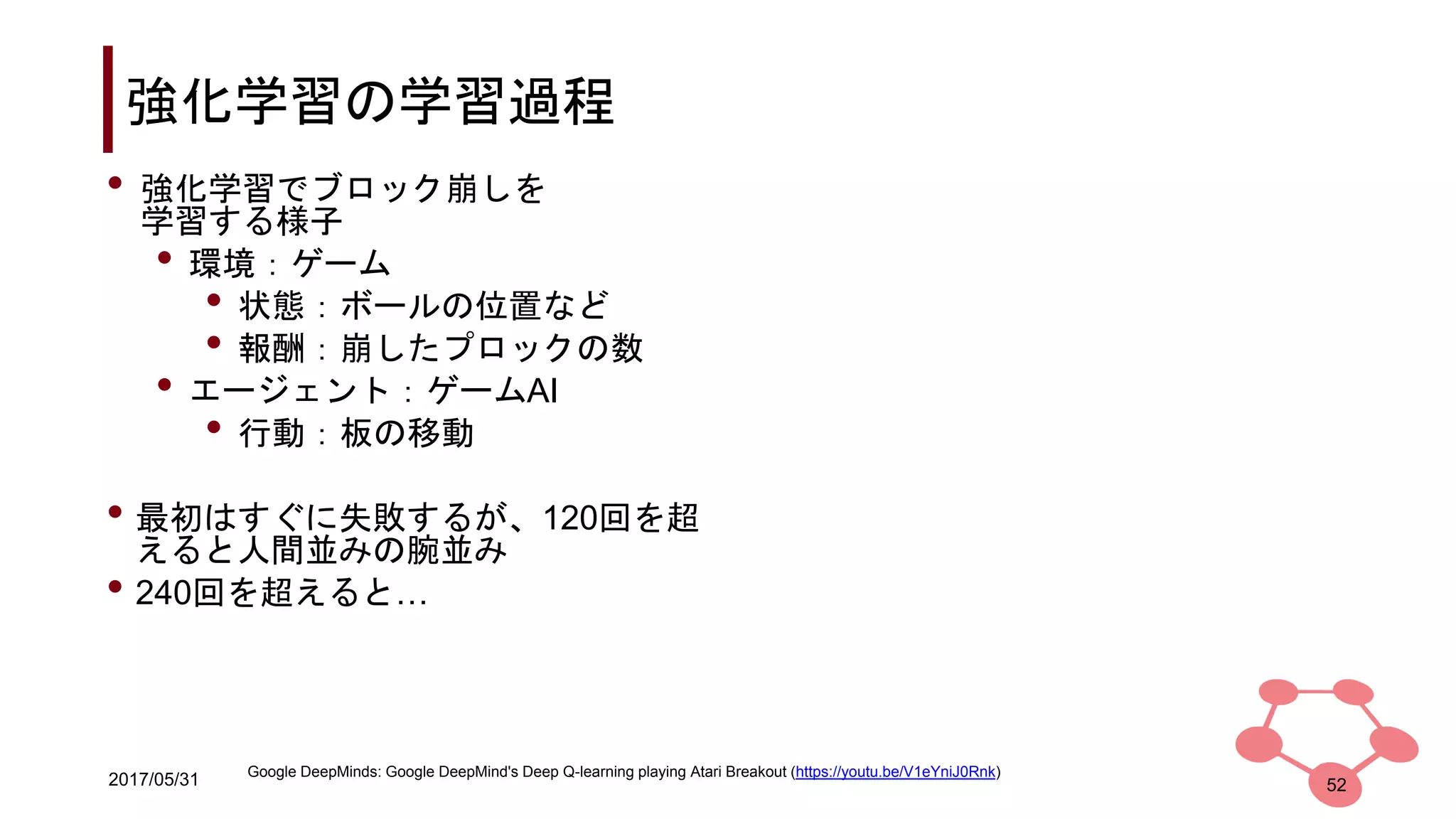 2017/05/31
強化学習の学習過程
52
• 強化学習でブロック崩しを
学習する様子
• 環境：ゲーム
• 状態：ボールの位置など
• 報酬：崩したプロックの数
• エージェント：ゲームAI
• 行動：板の移動
• 最初はすぐに失敗するが、120回を超
えると人間並みの腕並み
• 240回を超えると…
Google DeepMinds: Google DeepMind's Deep Q-learning playing Atari Breakout (https://youtu.be/V1eYniJ0Rnk)
 