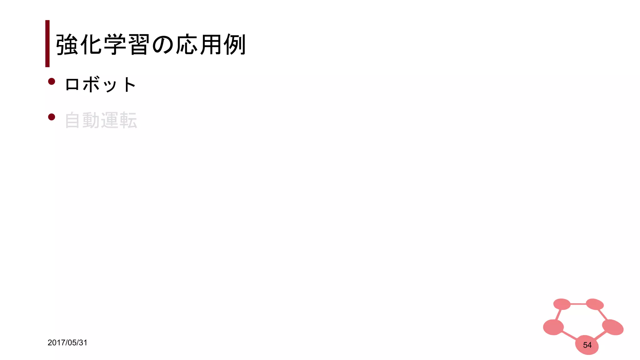 2017/05/31
強化学習の応用例
• ロボット
• 自動運転
54
 