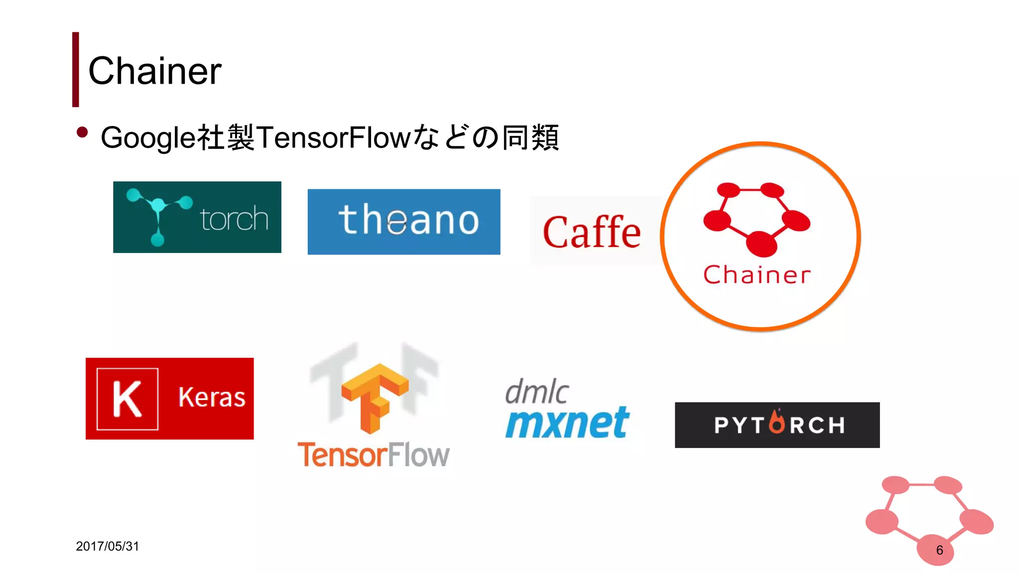 2017/05/31
Chainer
6
• Google社製TensorFlowなどの同類
 
