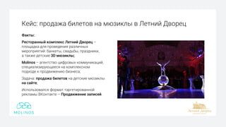 Кейс: продажа билетов на мюзиклы в Летний Дворец
Факты:
Ресторанный комплекс Летний Дворец –
площадка для проведения различных
мероприятий: банкеты, свадьбы, праздники,
а также детские 3D мюзиклы;
Molinos – агентство цифровых коммуникаций,
специализирующееся на комплексном
подходе к продвижению бизнеса;
Задача: продажа билетов на детские мюзиклы
на сайте;
Использовался формат таргетированной
рекламы ВКонтакте – Продвижение записей.
 