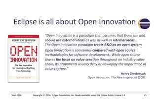 Eclipse	is	all	about	Open	Innovation
“Open	Innovation	is	a	paradigm	that	assumes	that	firms	can	and	
should	use	external	ideas as	well	as	well	as	internal	ideas…
The	Open	Innovation	paradigm	treats	R&D	as	an	open	system.
Open	Innovation	is	sometimes	conflated	with	open	source
methodologies	for	software	development…While	open	source	
shares	the	focus	on	value	creation	throughout	an	industry	value	
chain,	its	proponents	usually	deny	or	downplay	the	importance	of	
value	capture.”
Henry	Chesbrough,
Open	Innovation:	The	New	Imperative	(2003)
Sept-2016 Copyright	(c)	2016,	Eclipse	Foundation,	Inc.	Made	available	under	the	Eclipse	Public	License	1.0 15
 