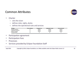 Common	Attributes
• Charter
– sets	the	vision
– defines roles,	rights,	duties
– defines the	operational rules and	services
• Participation	agreement
• Participation	Fees
• Processes
• Services	provided	by	Eclipse	Foundation	Staff
Sept-2016 Copyright	(c)	2016,	Eclipse	Foundation,	Inc.	Made	available	under	the	Eclipse	Public	License	1.0 18
 