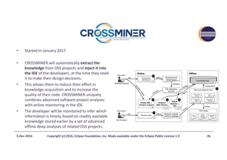 • Started	in	January	2017
• CROSSMINER	will	automatically	extract	the	
knowledge	from	OSS	projects	and	inject	it	into	
the	IDE	of	the	developers,	at	the	time	they	need	
it	to	make	their	design	decisions.	
• This	allows	them	to	reduce	their	effort	in	
knowledge	acquisition	and	to	increase	the	
quality	of	their	code.	CROSSMINER	uniquely	
combines	advanced	software	project	analyses	
with	online	monitoring	in	the	IDE.	
• The	developer	will	be	monitored	to	infer	which	
information	is	timely,	based	on	readily	available	
knowledge	stored	earlier	by	a	set	of	advanced	
offline	deep	analyses	of	related	OSS	projects.
5-Dec-2016 Copyright	(c)	2016,	Eclipse	Foundation,	Inc.	Made	available	under	the	Eclipse	Public	License	1.0 26
 