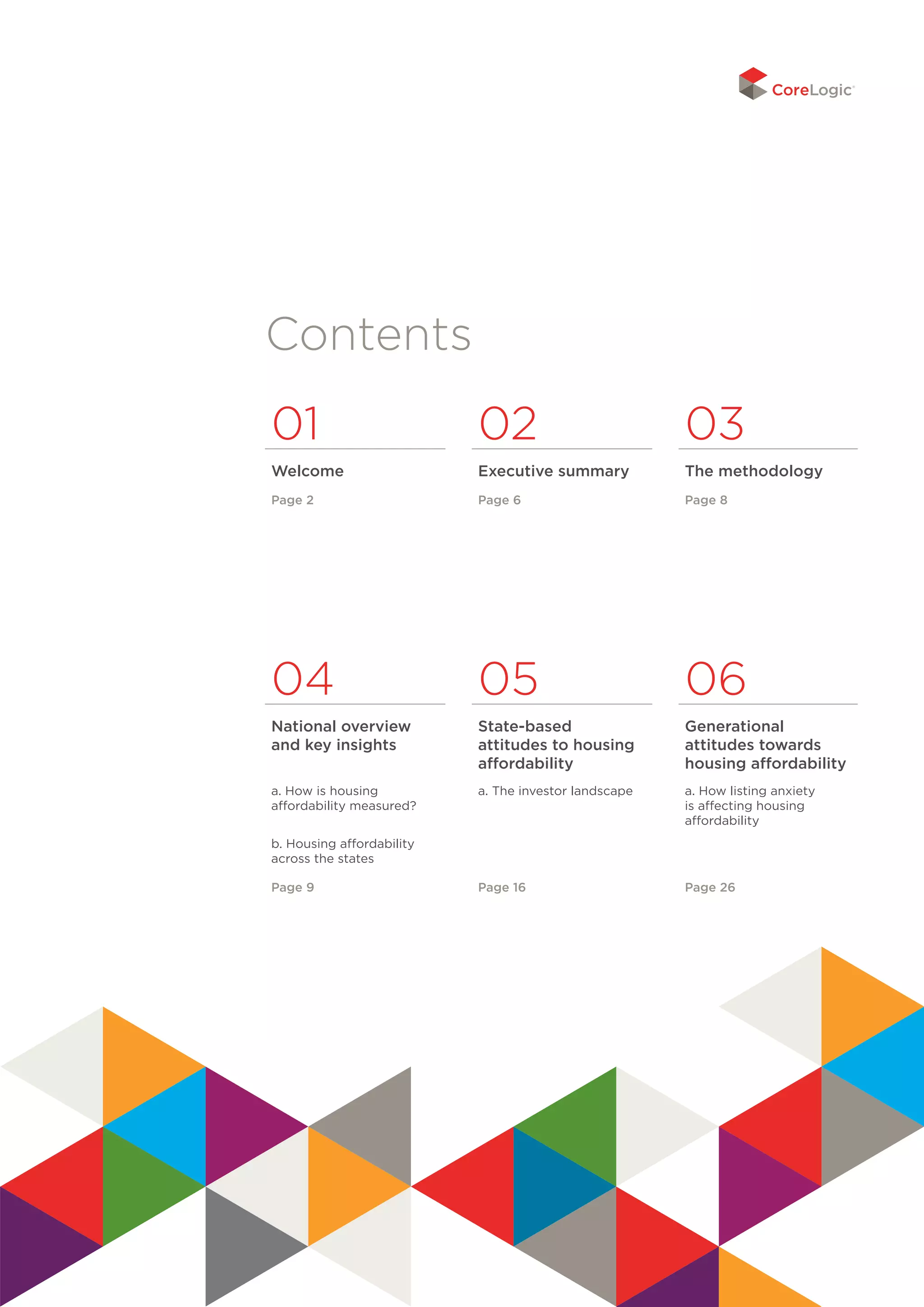 Contents
01 02 03
Welcome Executive summary The methodology
Page 2 Page 6 Page 8
04 05 06
National overview
and key insights
State-based
attitudes to housing
affordability
Generational
attitudes towards
housing affordability
a. How is housing
affordability measured?
a. The investor landscape a. How listing anxiety
is affecting housing
affordability
b. Housing affordability
across the states
Page 9 Page 16 Page 26
 