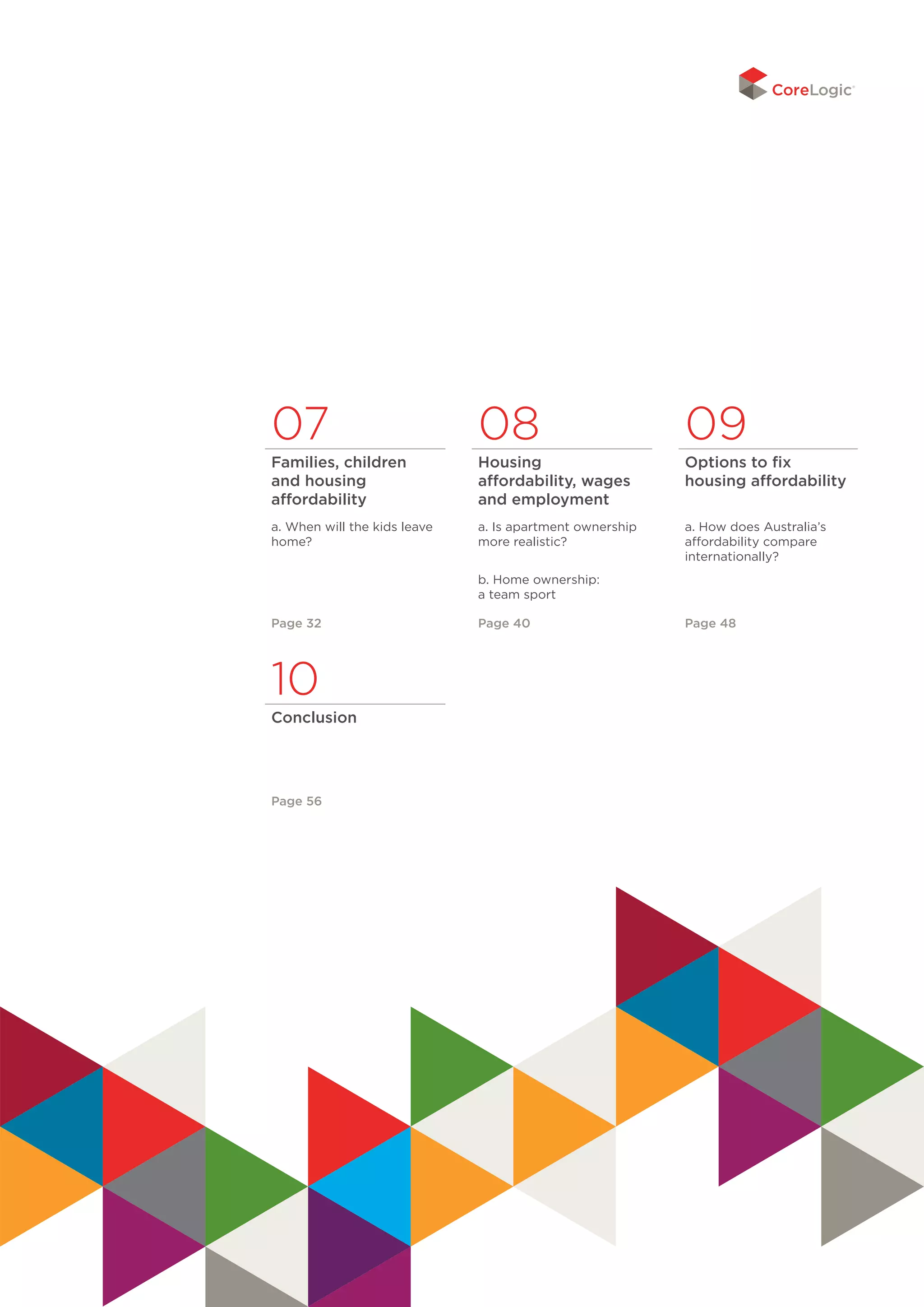 07 08 09
Families, children
and housing
affordability
Housing
affordability, wages
and employment
Options to fix
housing affordability
a. When will the kids leave
home?
a. Is apartment ownership
more realistic?
a. How does Australia’s
affordability compare
internationally?
b. Home ownership:
a team sport
Page 32 Page 40 Page 48
10
Conclusion
Page 56
 