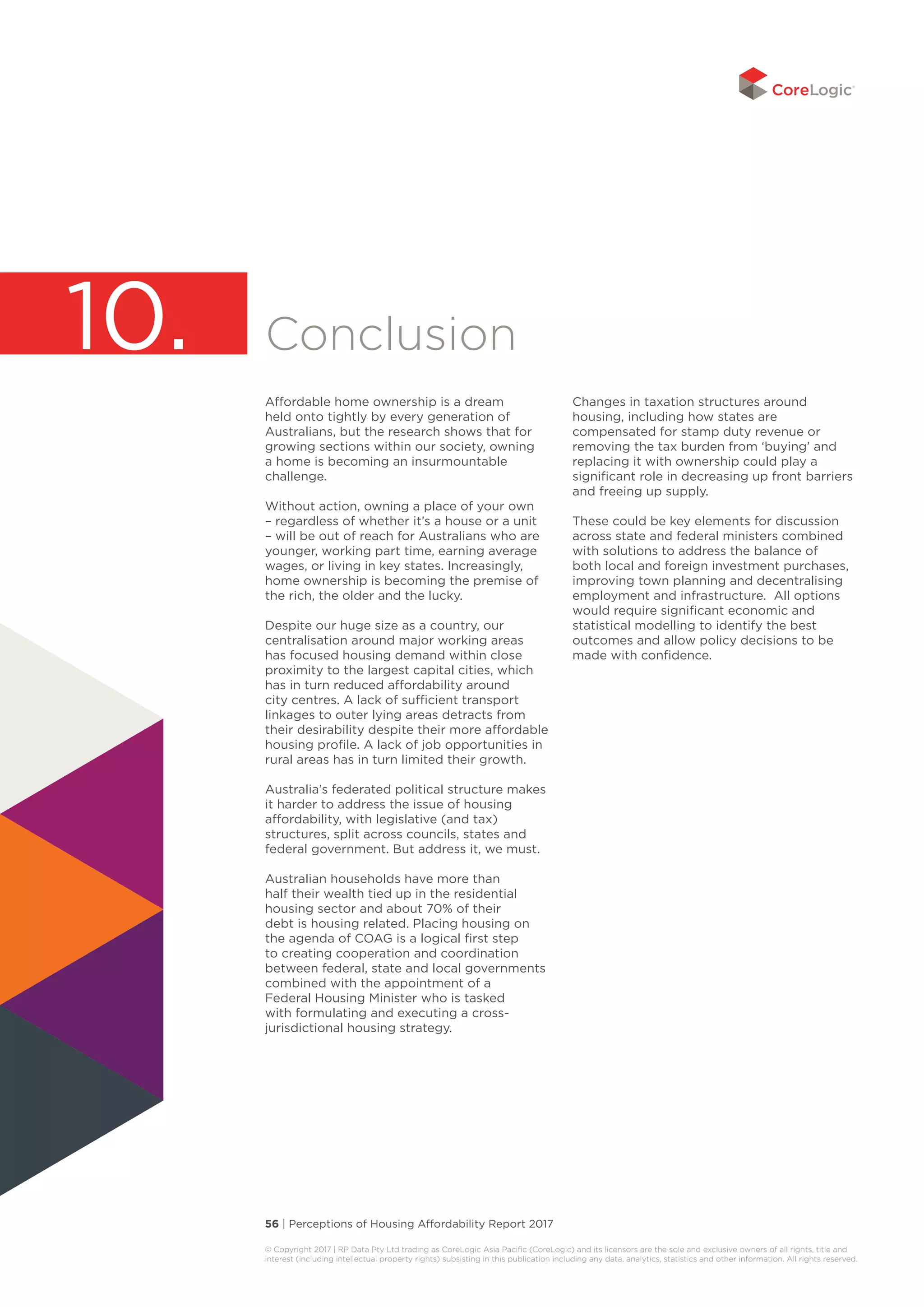 56 | Perceptions of Housing Affordability Report 2017
© Copyright 2017 | RP Data Pty Ltd trading as CoreLogic Asia Pacific (CoreLogic) and its licensors are the sole and exclusive owners of all rights, title and
interest (including intellectual property rights) subsisting in this publication including any data, analytics, statistics and other information. All rights reserved. 
Conclusion
Affordable home ownership is a dream
held onto tightly by every generation of
Australians, but the research shows that for
growing sections within our society, owning
a home is becoming an insurmountable
challenge.
Without action, owning a place of your own
– regardless of whether it’s a house or a unit
– will be out of reach for Australians who are
younger, working part time, earning average
wages, or living in key states. Increasingly,
home ownership is becoming the premise of
the rich, the older and the lucky.
Despite our huge size as a country, our
centralisation around major working areas
has focused housing demand within close
proximity to the largest capital cities, which
has in turn reduced affordability around
city centres. A lack of sufficient transport
linkages to outer lying areas detracts from
their desirability despite their more affordable
housing profile. A lack of job opportunities in
rural areas has in turn limited their growth.
Australia’s federated political structure makes
it harder to address the issue of housing
affordability, with legislative (and tax)
structures, split across councils, states and
federal government. But address it, we must.
Australian households have more than
half their wealth tied up in the residential
housing sector and about 70% of their
debt is housing related. Placing housing on
the agenda of COAG is a logical first step
to creating cooperation and coordination
between federal, state and local governments
combined with the appointment of a
Federal Housing Minister who is tasked
with formulating and executing a cross-
jurisdictional housing strategy.
Changes in taxation structures around
housing, including how states are
compensated for stamp duty revenue or
removing the tax burden from ‘buying’ and
replacing it with ownership could play a
significant role in decreasing up front barriers
and freeing up supply.
These could be key elements for discussion
across state and federal ministers combined
with solutions to address the balance of
both local and foreign investment purchases,
improving town planning and decentralising
employment and infrastructure. All options
would require significant economic and
statistical modelling to identify the best
outcomes and allow policy decisions to be
made with confidence.
10.
 