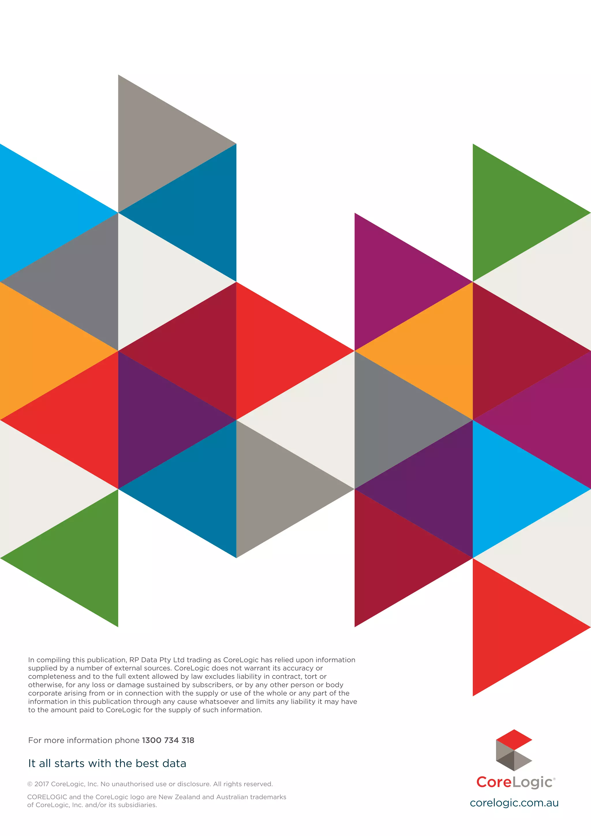 corelogic.com.au
For more information please call 1300 734 318
© 2017 CoreLogic, Inc. No unauthorised use or disclosure. All rights reserved.
CORELOGIC and the CoreLogic logo are New Zealand and Australian trademarks
of CoreLogic, Inc. and/or its subsidiaries.
For more information phone 1300 734 318
It all starts with the best data
In compiling this publication, RP Data Pty Ltd trading as CoreLogic has relied upon information
supplied by a number of external sources. CoreLogic does not warrant its accuracy or
completeness and to the full extent allowed by law excludes liability in contract, tort or
otherwise, for any loss or damage sustained by subscribers, or by any other person or body
corporate arising from or in connection with the supply or use of the whole or any part of the
information in this publication through any cause whatsoever and limits any liability it may have
to the amount paid to CoreLogic for the supply of such information.
 