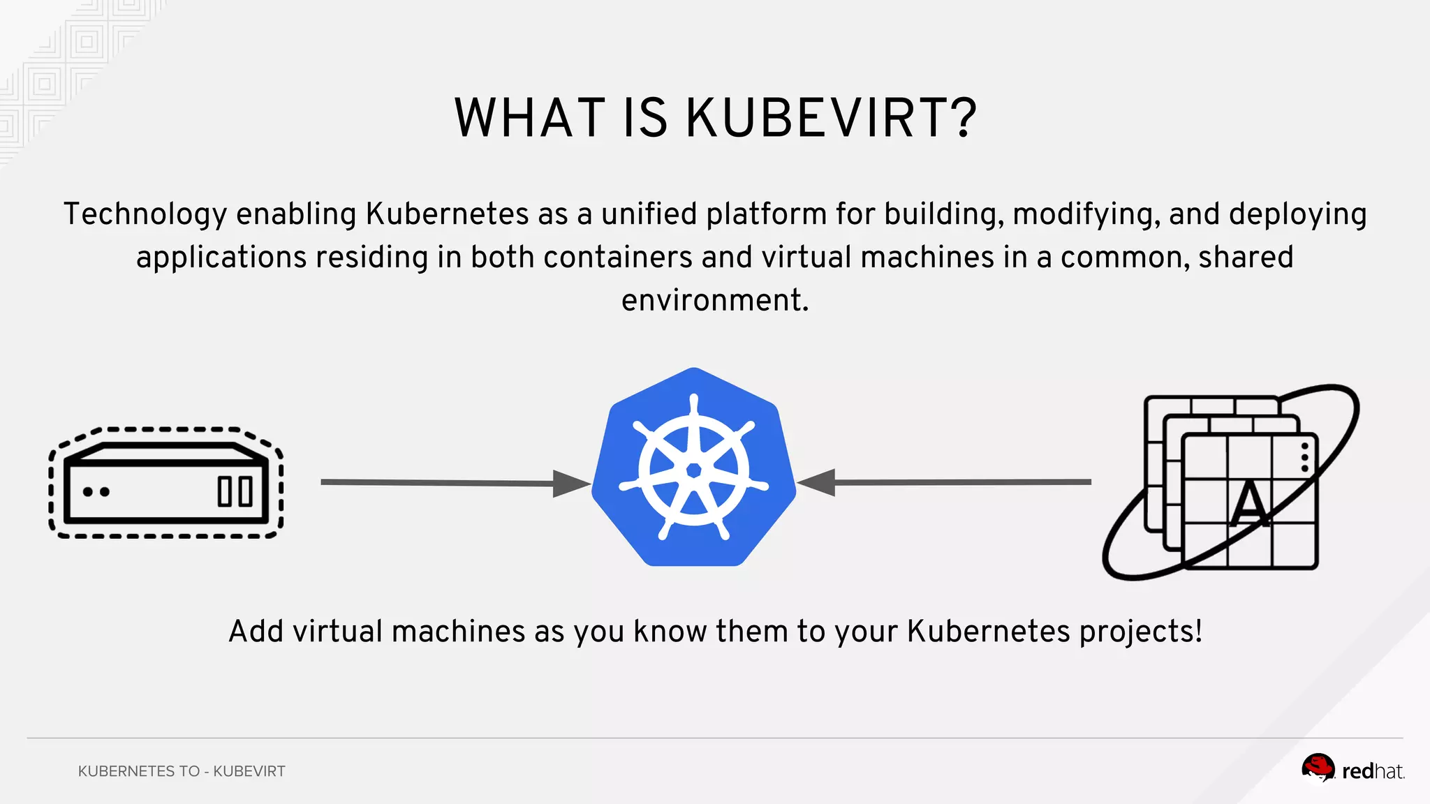 WHAT IS KUBEVIRT?
Technology enabling Kubernetes as a unified platform for building, modifying, and deploying
applications residing in both containers and virtual machines in a common, shared
environment.
Add virtual machines as you know them to your Kubernetes projects!
 