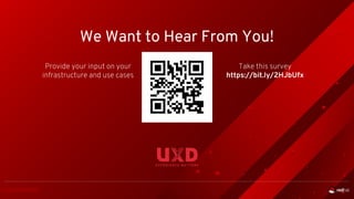 We Want to Hear From You!
Provide your input on your
infrastructure and use cases
Take this survey
https://bit.ly/2HJbUfx
 