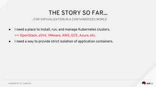 THE STORY SO FAR...
● I need a place to install, run, and manage Kubernetes clusters.
=> OpenStack, oVirt, VMware, AWS, GCE, Azure, etc.
● I need a way to provide strict isolation of application containers.
...FOR VIRTUALIZATION IN A CONTAINERIZED WORLD
 