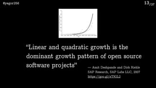 /37@yegor256 13
“Linear and quadratic growth is the
dominant growth pattern of open source
software projects” — Amit Deshpande and Dirk Riehle
SAP Research, SAP Labs LLC, 2007 
https://goo.gl/xTKlL2
 