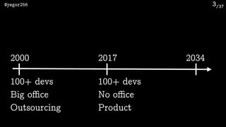 /37@yegor256 3
2000 2017 2034
100+ devs 
Big oﬃce 
Outsourcing
100+ devs 
No oﬃce
Product
 