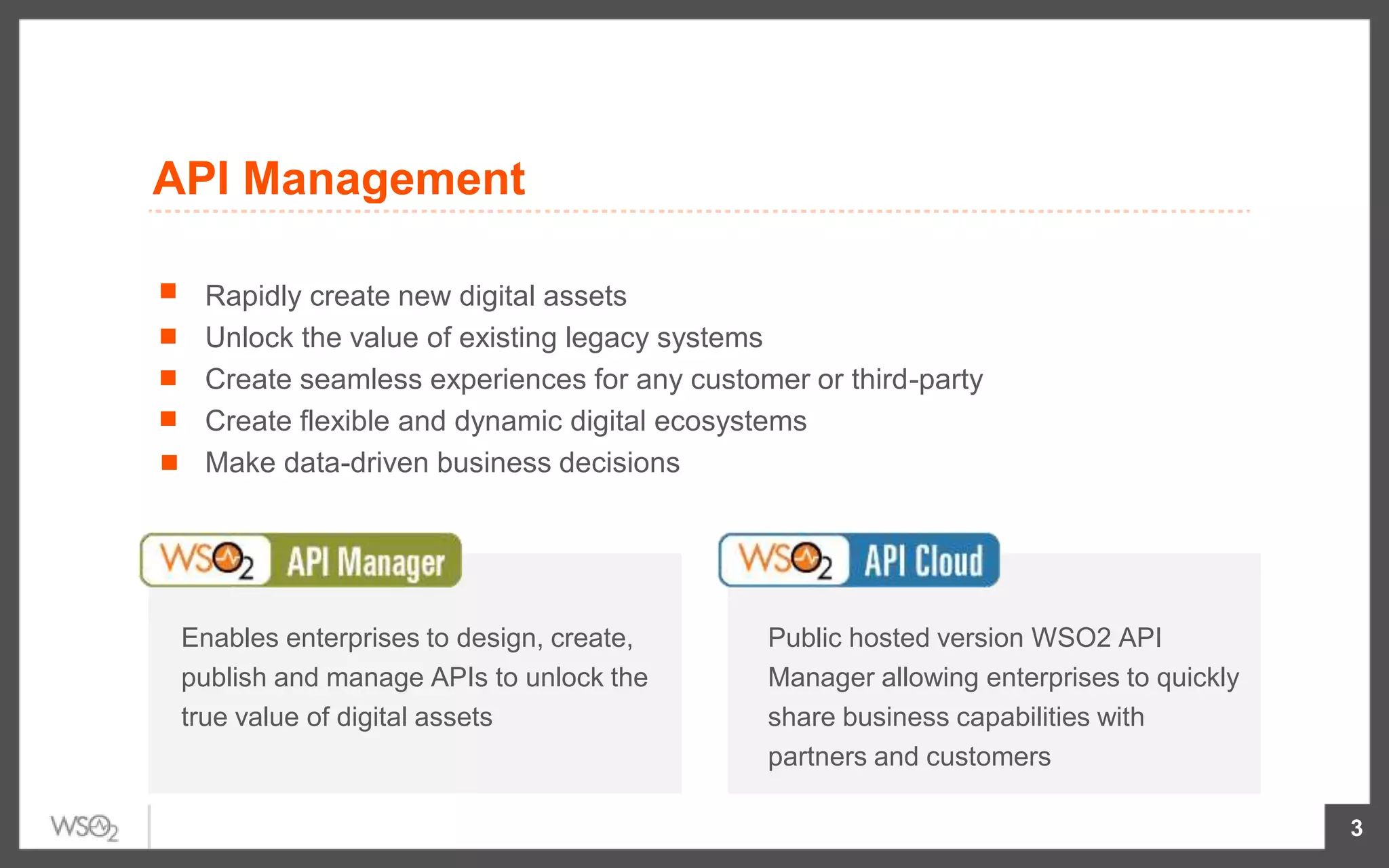 API Management
3
Rapidly create new digital assets
Unlock the value of existing legacy systems
Create seamless experiences for any customer or third-party
Create flexible and dynamic digital ecosystems
Make data-driven business decisions
Enables enterprises to design, create,
publish and manage APIs to unlock the
true value of digital assets
Public hosted version WSO2 API
Manager allowing enterprises to quickly
share business capabilities with
partners and customers
 