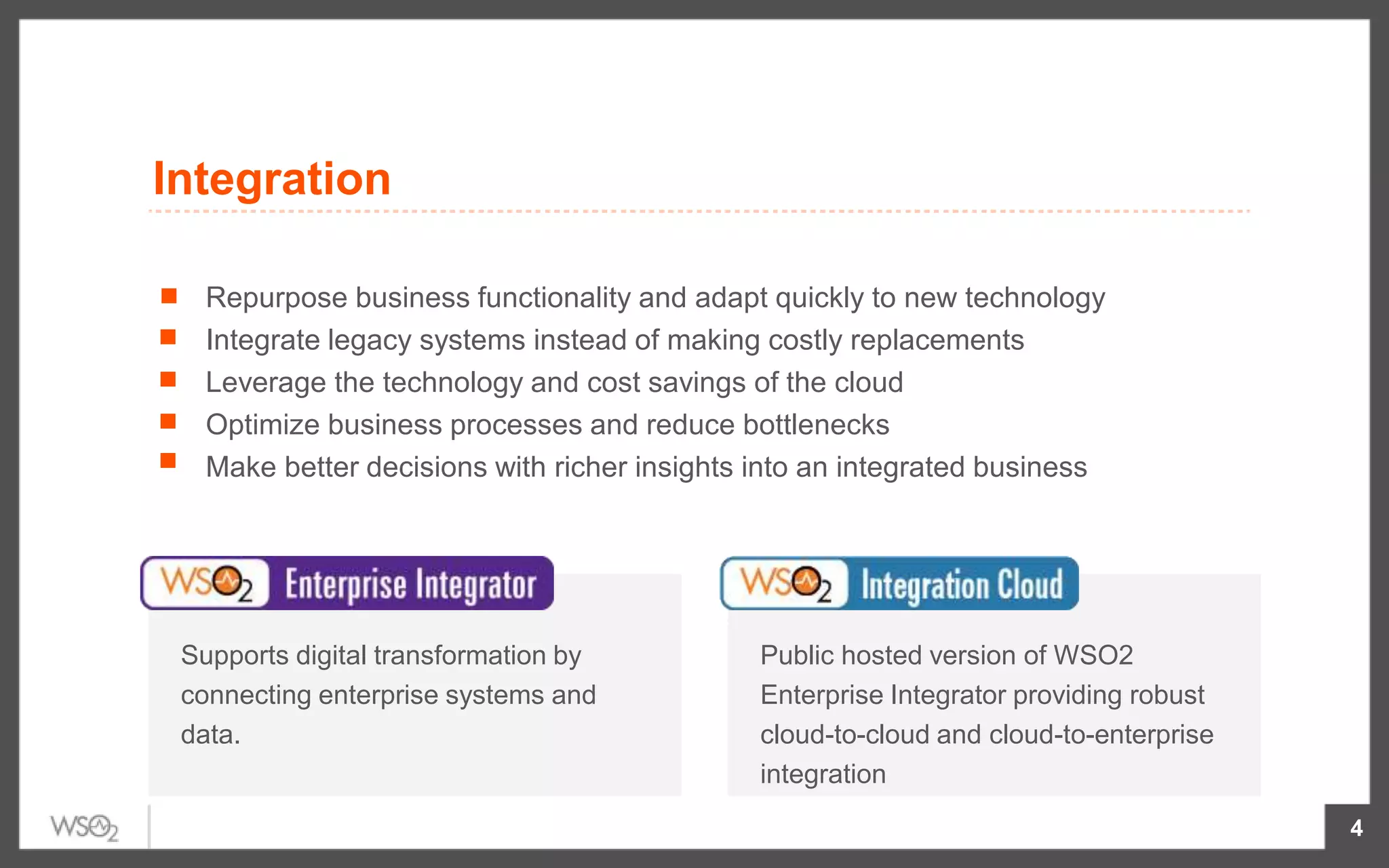 4
Repurpose business functionality and adapt quickly to new technology
Integrate legacy systems instead of making costly replacements
Leverage the technology and cost savings of the cloud
Optimize business processes and reduce bottlenecks
Make better decisions with richer insights into an integrated business
Supports digital transformation by
connecting enterprise systems and
data.
Public hosted version of WSO2
Enterprise Integrator providing robust
cloud-to-cloud and cloud-to-enterprise
integration
Integration
 