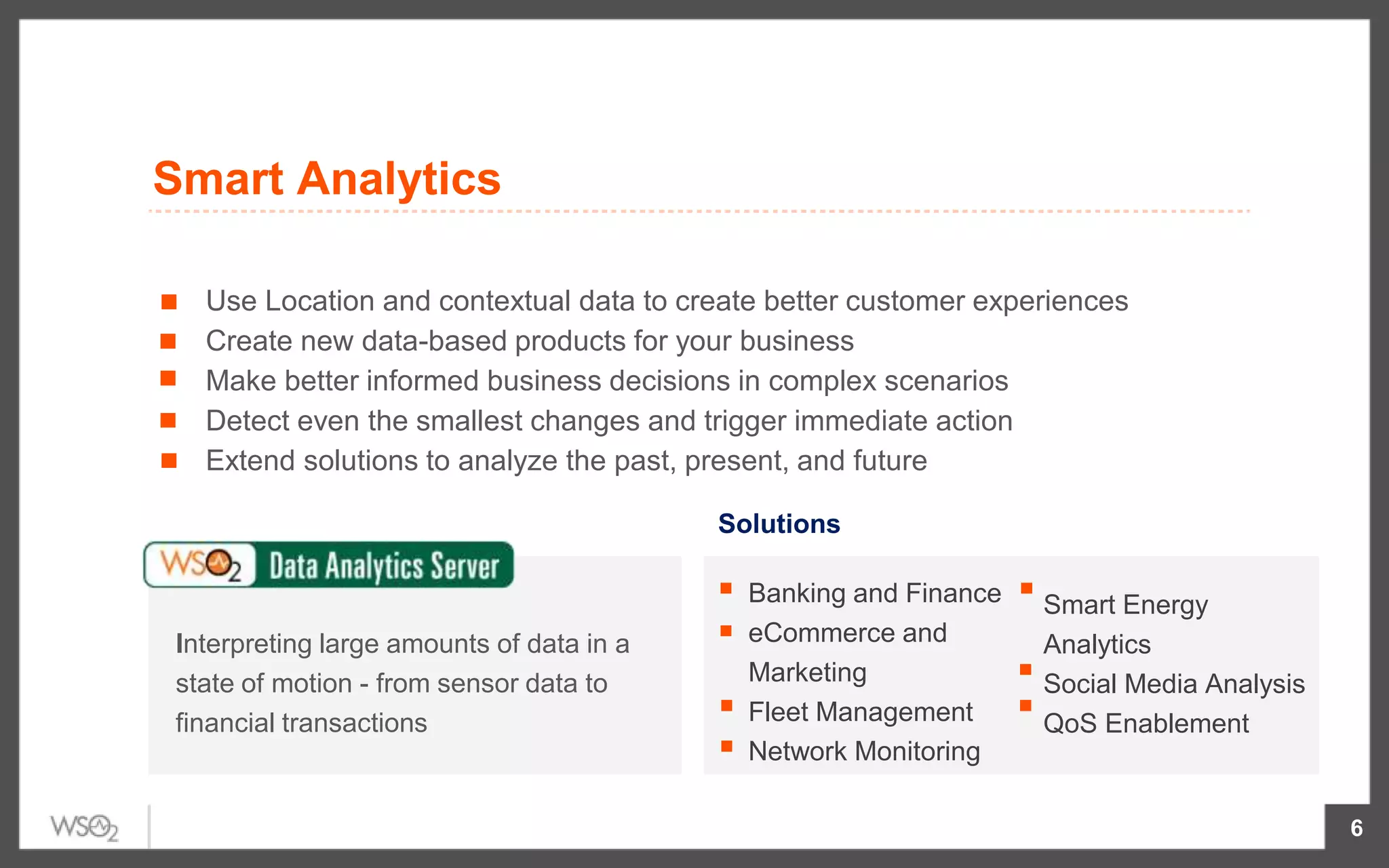 6
Use Location and contextual data to create better customer experiences
Create new data-based products for your business
Make better informed business decisions in complex scenarios
Detect even the smallest changes and trigger immediate action
Extend solutions to analyze the past, present, and future
Interpreting large amounts of data in a
state of motion - from sensor data to
financial transactions
Solutions
Banking and Finance
eCommerce and
Marketing
Fleet Management
Network Monitoring
Smart Energy
Analytics
Social Media Analysis
QoS Enablement
Smart Analytics
 