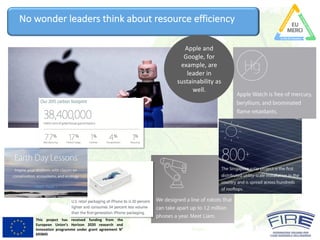 This project has received funding from the
European Union’s Horizon 2020 research and
innovation programme under grant agreement N°
693845
No	wonder leaders think about resource efficiency
Apple	and	
Google,	for	
example,	are	
leader	in	
sustainability	as	
well.
 