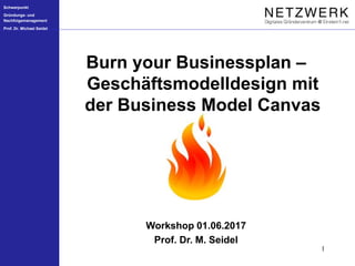 Schwerpunkt
Gründungs- und
Nachfolgemanagement
Prof. Dr. Michael Seidel
1
Burn your Businessplan –
Geschäftsmodelldesign mit
der Business Model Canvas
Workshop 01.06.2017
Prof. Dr. M. Seidel
 