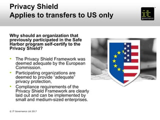 Privacy Shield
Applies to transfers to US only
Why should an organization that
previously participated in the Safe
Harbor program self-certify to the
Privacy Shield?
• The Privacy Shield Framework was
deemed adequate by the European
Commission.
• Participating organizations are
deemed to provide “adequate”
privacy protection,
• Compliance requirements of the
Privacy Shield Framework are clearly
laid out and can be implemented by
small and medium-sized enterprises.
© IT Governance Ltd 2017
 