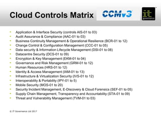 • Application & Interface Security (controls AIS-01 to 03)
• Audit Assurance & Compliance (AAC-01 to 03)
• Business Continuity Management & Operational Resilience (BCR-01 to 12)
• Change Control & Configuration Management (CCC-01 to 05)
• Data security & Information Lifecycle Management (DSI-01 to 08)
• Datacentre Security (DCS-01 to 09)
• Encryption & Key Management (EKM-01 to 04)
• Governance and Risk Management (GRM-01 to 12)
• Human Resources (HRS-01 to 12)
• Identity & Access Management (IAM-01 to 13)
• Infrastructure & Virtualization Security (IVS-01 to 12)
• Interoperability & Portability (IPY-01 to 5)
• Mobile Security (MOS-01 to 20)
• Security Incident Management, E-Discovery & Cloud Forensics (SEF-01 to 05)
• Supply Chain Management, Transparency and Accountability (STA-01 to 09)
• Threat and Vulnerability Management (TVM-01 to 03)
Cloud Controls Matrix
© IT Governance Ltd 2017
 