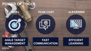 18
AGILE TARGET
MANAGEMENT
FAST
COMMUNICATION
EFFICIENT
LEARNING
OKRs TEAM CHAT eLEARNING
POWER OF TOOLS
 