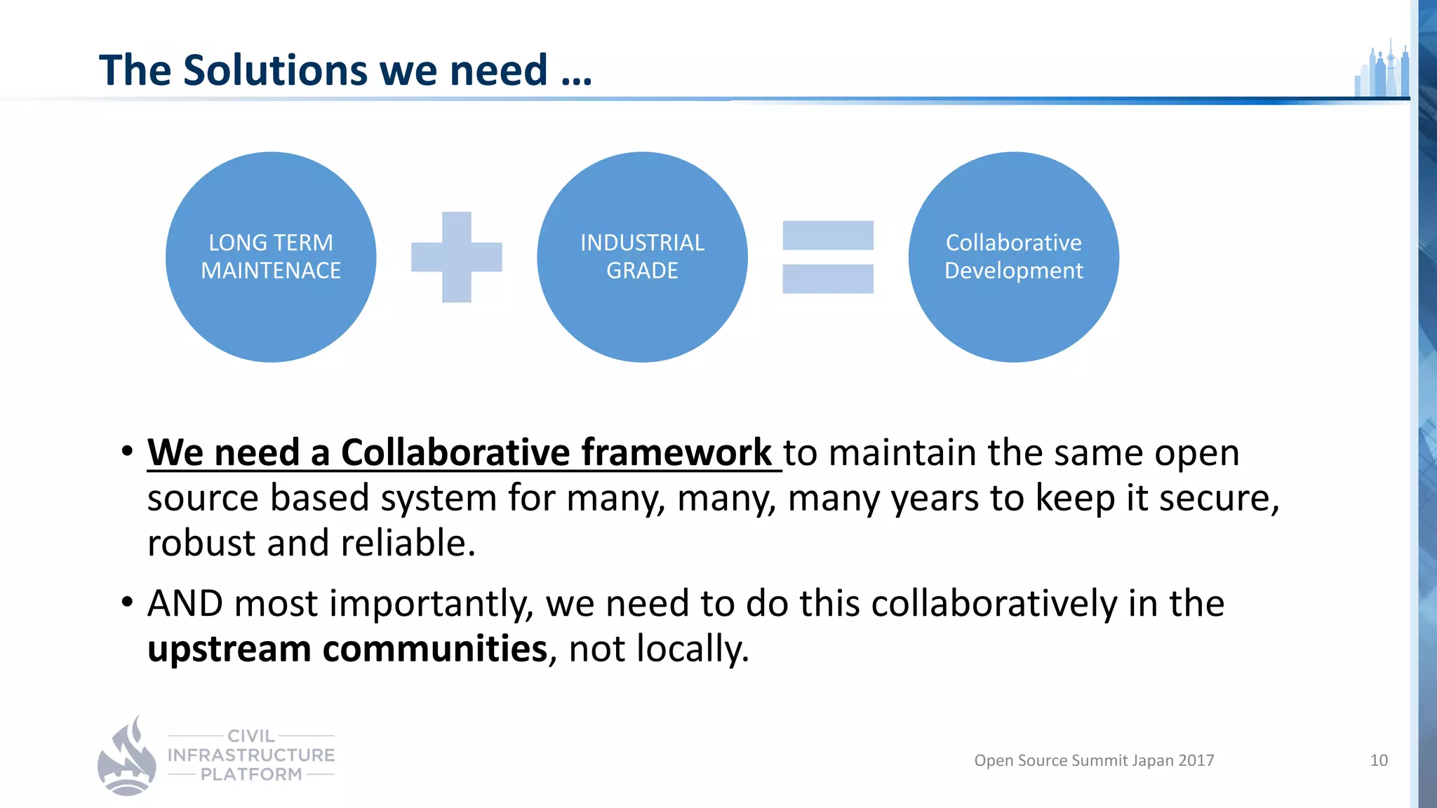 The Solutions we need …
• We need a Collaborative framework to maintain the same open
source based system for many, many, many years to keep it secure,
robust and reliable.
• AND most importantly, we need to do this collaboratively in the
upstream communities, not locally.
LONG TERM
MAINTENACE
INDUSTRIAL
GRADE
Collaborative
Development
Open Source Summit Japan 2017 10
 