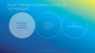 Agile friendly example flow of
techniques
© 2017 Garofalo Studios. 42
Experience
Journey
Hexagons
Problem
Solution
Benefit
UX
Storyboarding
 