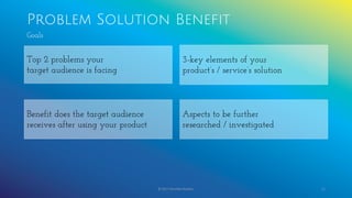 Problem Solution Benefit
© 2017 Garofalo Studios. 52
Goals
Top 2 problems your
target audience is facing
3-key elements of your
product’s / service’s solution
Benefit does the target audience
receives after using your product
Aspects to be further
researched / investigated
 