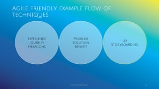 Agile friendly example flow of
techniques
© 2017 Garofalo Studios. 60
Experience
Journey
Hexagons
Problem
Solution
Benefit
UX
Storyboarding
 