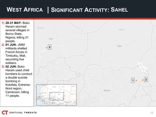 12
| SIGNIFICANT ACTIVITY:WEST AFRICA SAHEL
2
31
1) 28-31 MAY: Boko
Haram stormed
several villages in
Borno State,
Nigeria...