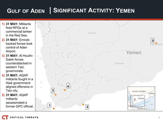 5
| SIGNIFICANT ACTIVITY:GULF OF ADEN YEMEN
1) 31 MAY: Militants
fired RPGs at a
commercial tanker
in the Red Sea.
2) 31 M...