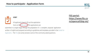 30
How to participate - Application Form
F6S portal:
https://www.f6s.co
m/opencall1big-iot/
 