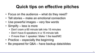 Quick tips on effective pitches
• Focus on the audience – what do they need?
• Tell stories – make an emotional connection
• Use powerful images – very few words
• Simplify – less is more
• Don’t cram a 60 minute talk into 15 minutes
• Don’t have 6 speakers in a 15 minute talk
• If more than 1 speaker: Make 1 the lead/MC
• Practice – especially the beginning
• Be prepared for Q&A – have backup data/slides
20
 