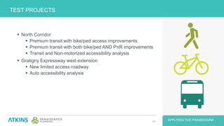  North Corridor
 Premium transit with bike/ped access improvements
 Premium transit with both bike/ped AND PnR improvements
 Transit and Non-motorized accessibility analysis
 Gratigny Expressway west extension
 New limited access roadway
 Auto accessibility analysis
TEST PROJECTS
APPLYING THE FRAMEWORK28
 