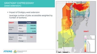 GRATIGNY EXPRESSWAY
(west extension)
APPLYING THE FRAMEWORK33
 Impact of Gratigny west extension
(average number of jobs accessible weighted by
number of workers)
DRAFT
DRAFT Auto
County-
wide
Before 918,687
After 920,921
Change 2,234
Title VI
Areas
Before
TBD
After
Change
 