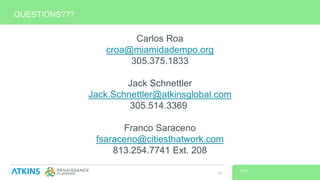 Carlos Roa
croa@miamidadempo.org
305.375.1833
Jack Schnettler
Jack.Schnettler@atkinsglobal.com
305.514.3369
Franco Saraceno
fsaraceno@citiesthatwork.com
813.254.7741 Ext. 208
QUESTIONS???
???37
 