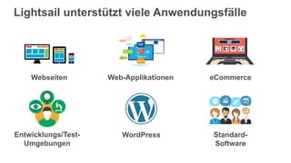 Lightsail unterstützt viele Anwendungsfälle
Webseiten Web-Applikationen eCommerce
Entwicklungs/Test-
Umgebungen
WordPress Standard-
Software
 