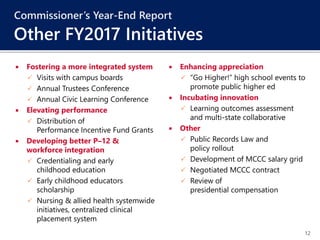 12
 Fostering a more integrated system
 Visits with campus boards
 Annual Trustees Conference
 Annual Civic Learning Conference
 Elevating performance
 Distribution of
Performance Incentive Fund Grants
 Developing better P–12 &
workforce integration
 Credentialing and early
childhood education
 Early childhood educators
scholarship
 Nursing & allied health systemwide
initiatives, centralized clinical
placement system
 Enhancing appreciation
 “Go Higher!” high school events to
promote public higher ed
 Incubating innovation
 Learning outcomes assessment
and multi-state collaborative
 Other
 Public Records Law and
policy rollout
 Development of MCCC salary grid
 Negotiated MCCC contract
 Review of
presidential compensation
Commissioner’s Year-End Report
Other FY2017 Initiatives
 
